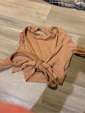 SHEIN Ribbed Tie-Front Crop Top — Dusty Peach